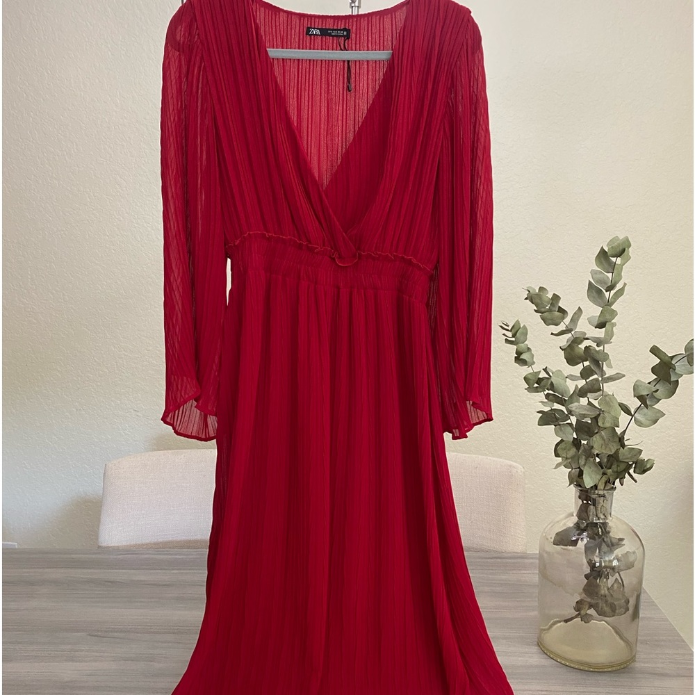 Zara Red Pleated Midi Dress